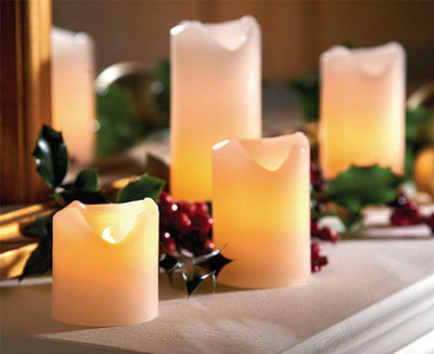 4 x Real Wax LED Pillar Candles - Battery Powered Flameless Flickering Light Home Decoration - One of Each 5, 7.5, 10 & 13cm High
