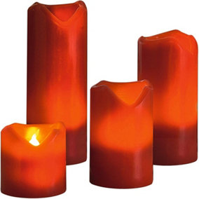 4 x Red Real Wax LED Pillar Candles - Battery Powered Flickering Light Home Decoration - One of Each 5, 7.5, 10 & 13cm