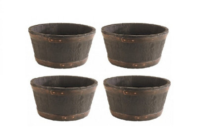 4 x Round Black Oak Effect Indoor Outdoor Patio Garden Barrel Plastic Planter Pot