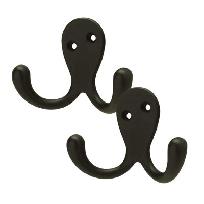 4 x Satin Black Double Coat Hooks, Door & Wall Robe Dress Garment Hangers