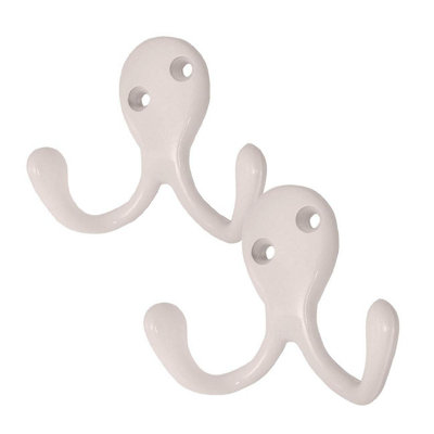 4 x Satin White Double Coat Hooks, Door & Wall Robe Dress Garment Hangers