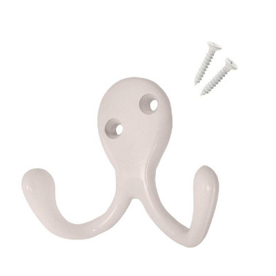 4 x Satin White Double Coat Hooks, Door & Wall Robe Dress Garment Hangers