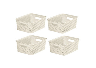 4 x Small Cream Curver Rattan Storage Basket Plastic Desk Tray Tidy Shelf Basket 4L