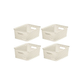 4 x Small Cream Curver Rattan Storage Basket Plastic Desk Tray Tidy Shelf Basket 4L