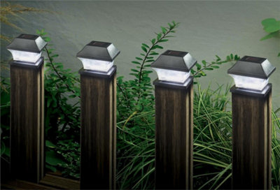 4 x Smart Garden Solar Black Garden Fence Post Top Lights Super Bright White LED