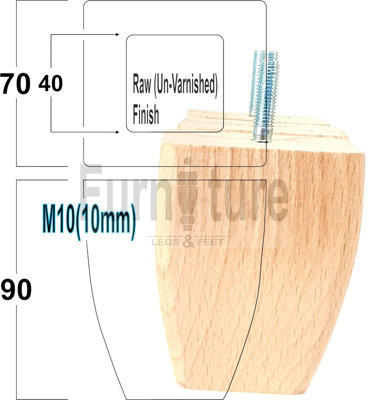 4 x SOLID WOODEN FEET REPLACEMENT FURNITURE LEGS 90mm HEIGHT  SOFAS CHAIRS STOOLS M10(10mm) TSP2031 (Raw)