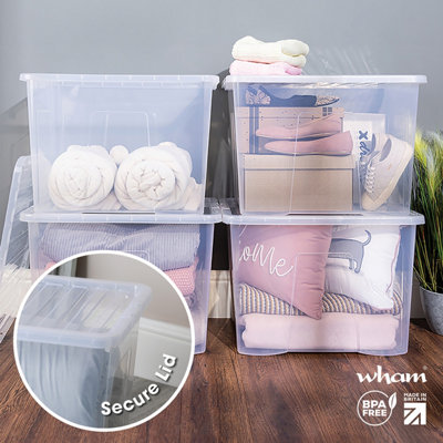 4 x Wham Crystal 80L Stackable Plastic Storage Box & Lid Clear