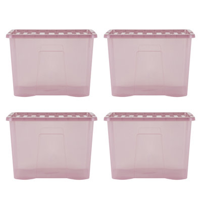 4 x Wham Crystal 80L Stackable Plastic Storage Box & Lid Tint Dusky Orchid