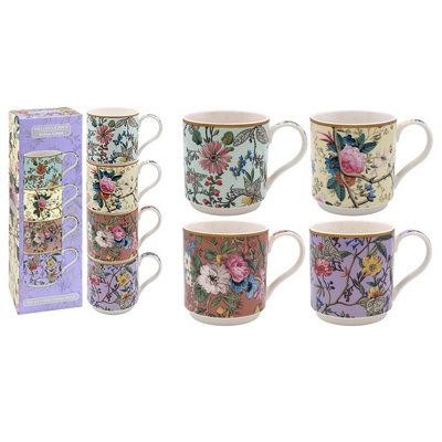 4 x William Morris Kilburn Stacking Mugs - Dishwasher & Microwave Safe Fine China Floral Design Tea or Coffee Drinking Cups