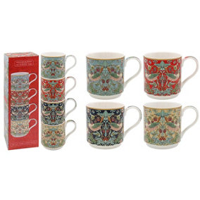 4 x William Morris Strawberry Thief Stacking Mugs - Dishwasher & Microwave Safe Fine China Floral Design Tea Coffee Drinking Cups