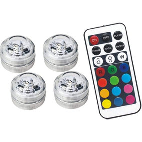 4 x Wireless LED Colour Changing Lights with 3 RGB LEDs & Remote Control, Battery Powered