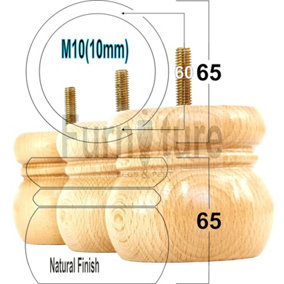 4 x WOODEN BUN FEET REPLACEMENT FURNITURE LEGS 60mm HIGH  SOFAS CHAIRS FOOTSTOOLS M10 (10mm) TSP2087 (Natural)