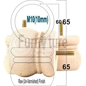 4 x WOODEN BUN FEET REPLACEMENT FURNITURE LEGS 60mm HIGH  SOFAS CHAIRS FOOTSTOOLS M10 (10mm) TSP2087 (Raw)