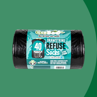 40 Drawstring Refuse Sacks - Bin Liners - Black - 80L