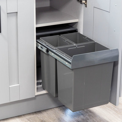 40 Litre Pull Out Under Counter Kitchen Waste Recycling Bin for 400mm Cabinet Hinged Door Base Mounted