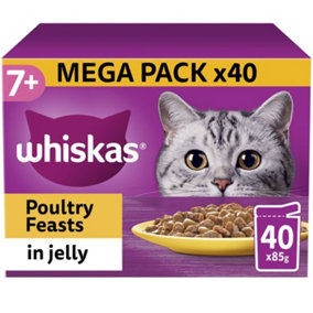 40 x 85g Whiskas 7+ Poultry Feasts Mixed Senior Wet Cat Food Pouches in Jelly