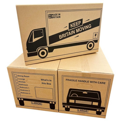 40 x Strong Large Cardboard Storage Moving House Packing Boxes 52cm x 30cm x 30cm 47 Litres Carry Handles and Room List