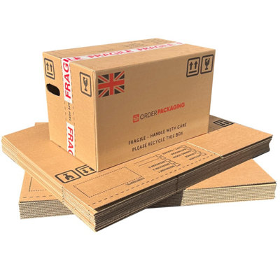 40 x Strong Large Cardboard Storage Moving House Packing Boxes 52cm x 30cm x 30cm 47 Litres Carry Handles and Room List