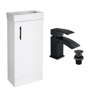400 Gloss White Cloakroom Vanity Basin Sink Unit with Lucia Matt Black Basin Tap & Black Handle