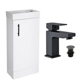 400 Gloss White Cloakroom Vanity Basin Sink Unit with Lucia Matt Black Form Tap & Black Handle