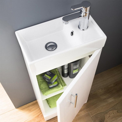 400 Gloss White Cloakroom Vanity Basin Sink Unit with Matt Black Waterfall Tap & Black Handle