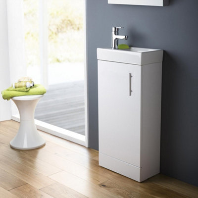 400 Gloss White Cloakroom Vanity Basin Sink Unit with Matt Black Waterfall Tap & Black Handle