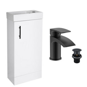 400 Gloss White Cloakroom Vanity Basin Sink Unit with Sleek Matt Black Basin Tap & Black Handle