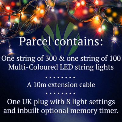 400 Multi-Coloured LED's Black Cable Connectable Outdoor Garden Party Waterproof String Lights (40m) Low Voltage Plug