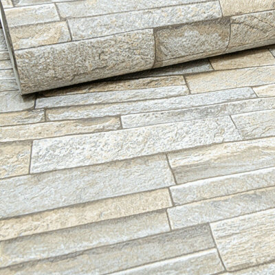 Beige Slate Stone Wallpaper - 3D Rustic Brick-Effect, Sandstone Beige, 10M X 0.53M (Wl-05222-30) 4000278522231 - Image 4