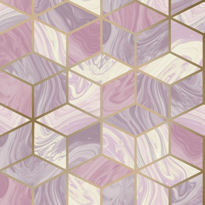 Rasch Portfolio Marble Geo Squares Pink/gold Metallic Washable Wallpaper 248968 from B&Q