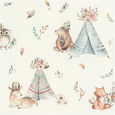 Rasch Kids Wallpaper Blue Beige Woodland Animals Teepee Nursery Watercolour from B&Q