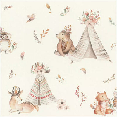 Rasch Kids Wallpaper Beige Woodland Animals Teepee Nursery Watercolour Boho from B&Q