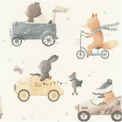 Rasch Kids Wallpaper Beige Woodland Animals Vehicles Nursery Watercolour Wallpaper from B&Q