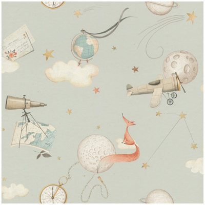 B&Q -  Clouds & Stars Wallpaper Kids Nursery Bedroom Blue Aeroplane Feature Wall