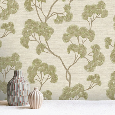 B&Q -  Sumatra Ginkgo Leaf Green Wallpaper