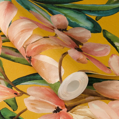Rasch X Tesa Magnolia Floral Self Adhesive Peel And Stick Textured WallpaperYellow from B&Q