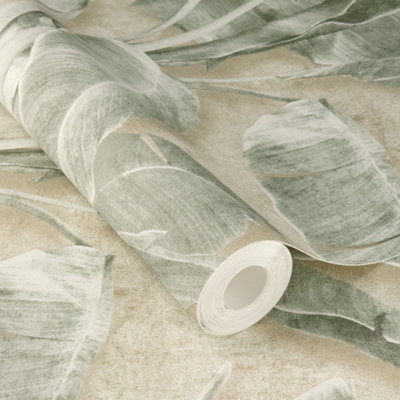 Rasch X Tesa Cuba Tropical Watercolour Banana Leaves Self Adhesive Peel And Stick Textured WallpaperGreen from B&Q