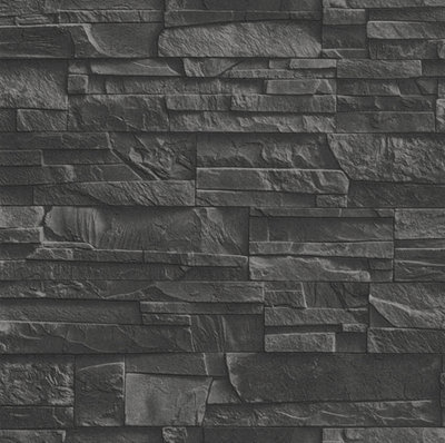 Rasch Factory Faux Slate 3D Effect Black Wallpaper from B&Q