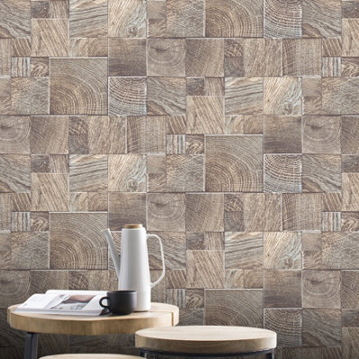 Rasch Essentia Wood Block Greige Wallpaper from B&Q