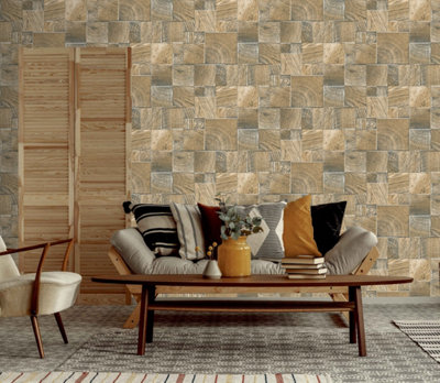 Rasch Essentia Wood Block Caramel Wallpaper from B&Q