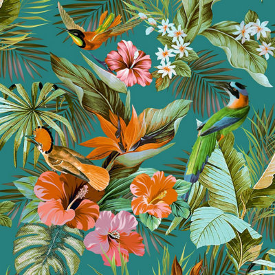 Rasch Vasari Tropical Paradise Birds Multi Teal Wallpaper Luxury Textured Vinyl from B&Q
