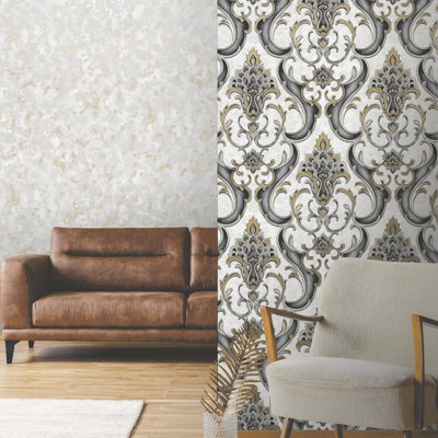 Vasari Sonata Damask Black/gold Wallpaper from B&Q