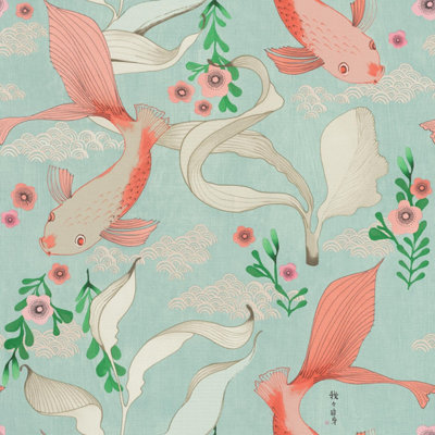 Rasch Non-Woven Wallpaper With Koi Carp In Rose In Light Blue Water With Light Textile Texture from B&Q