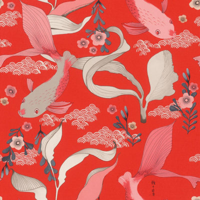 Rasch Amazing Non-Woven Wallpaper With Koi Carp In Rose And Plants In Grey On Red Background from B&Q