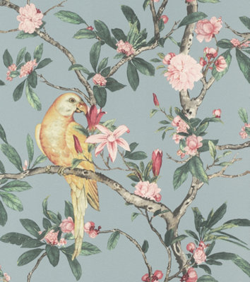 Rasch Poetry Exotic Bird Pastel Blue Wallpaper from B&Q