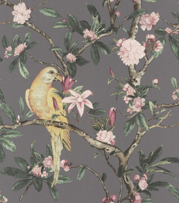 Rasch Poetry Exotic Bird Dark Grey/multi Wallpaper from B&Q