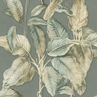 Boho Palm Leaf Wallpaper Chalky Blue / Green Rasch 571462 from B&Q