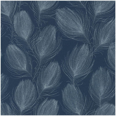 Rasch Peacock Maya Feathers Navy Blue Wallpaper Vinyl Paste The Wall Washable from B&Q