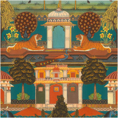 Holden Décor Indian Palace Tiger Peacock Vinyl Wallpaper Teal Orange Ornate Feature Wall from B&Q