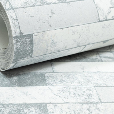 Rasch Grey Silver Glitter White Brick Tile Effect Non Woven Textured Wallpaper from B&Q